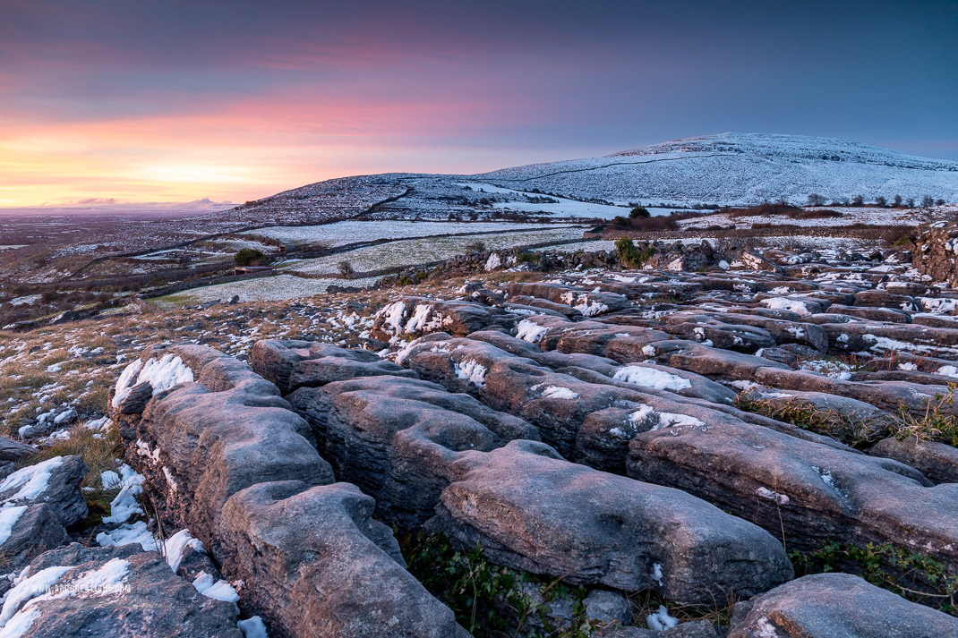 Abbey Hill Burren Clare Ireland - abbey hill,march,snow,twilight,winter,hills