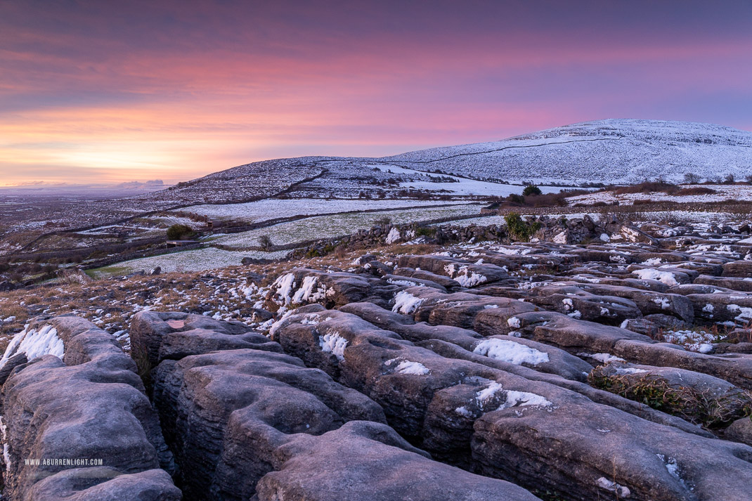 Abbey Hill Burren Clare Ireland - abbey hill,march,pink,snow,twilight,winter,hills