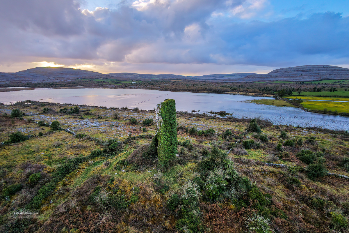 Boston Clare Ireland - boston,carrownagoul,drone,february,landmark,lowlands,ruin,skaghard,sunset,tower,winter