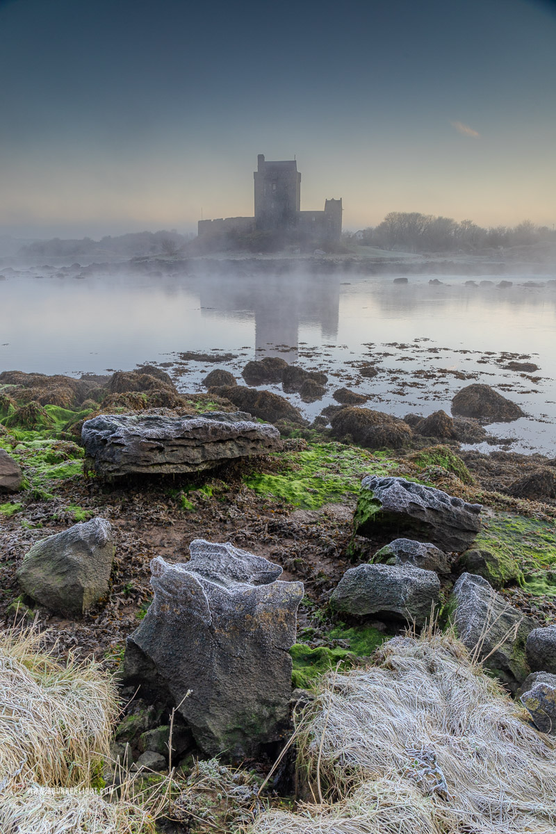 Dunguaire Castle Kinvara Clare Ireland - castle,dunguaire,frost,green algae,january,kinvara,mist,reflections,sunrise,winter,castle