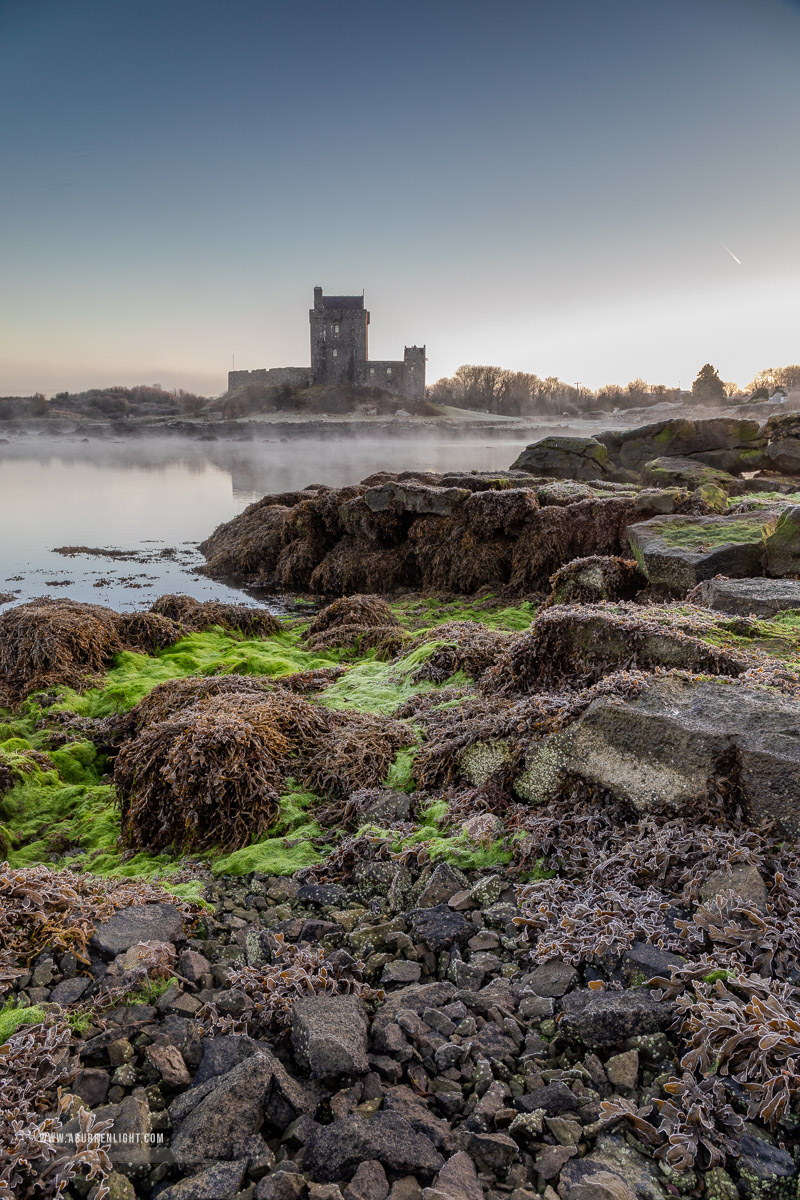 Dunguaire Castle Kinvara Clare Ireland - castle,dunguaire,frost,green algae,january,kinvara,mist,reflections,sunrise,winter,coast