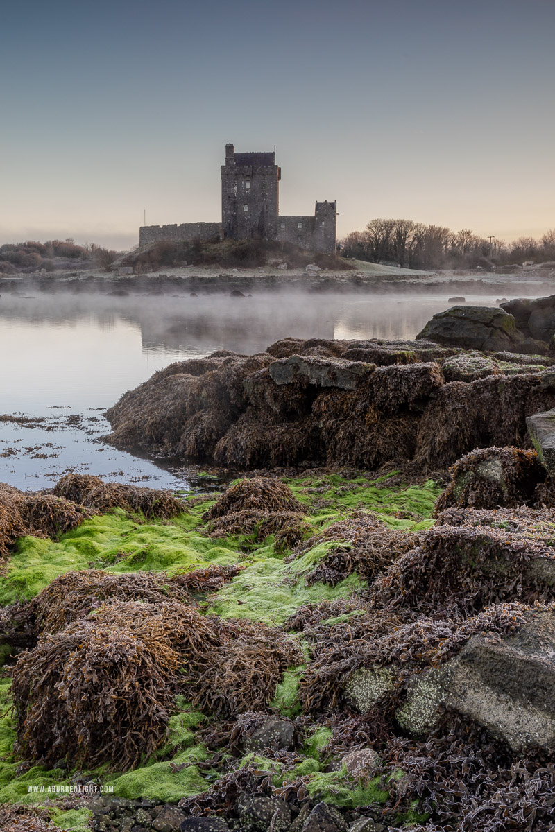 Dunguaire Castle Kinvara Clare Ireland - castle,dunguaire,frost,green algae,january,kinvara,mist,reflections,sunrise,winter,coast