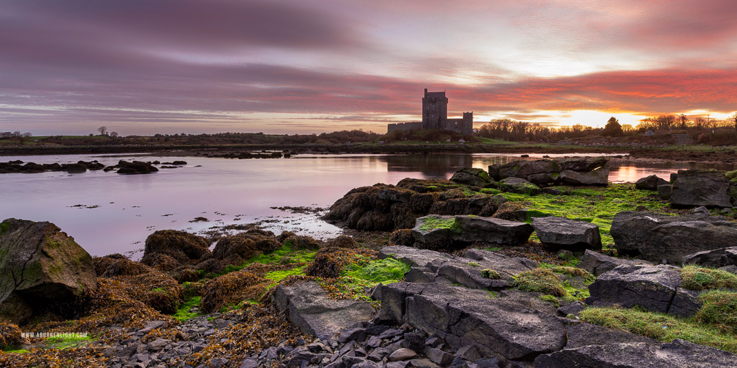 Dunguaire Castle Kinvara Clare Ireland - castle,dunguaire,green algae,kinvara,landmark,march,panorama,pink,twilight,winter,coast