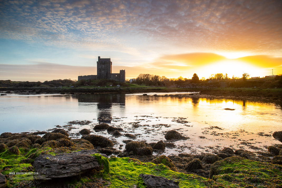 Dunguaire Castle Kinvara Clare Ireland - castle,dunguaire,green algae,kinvara,landmark,march,sunrise,winter,coast,golden,orange