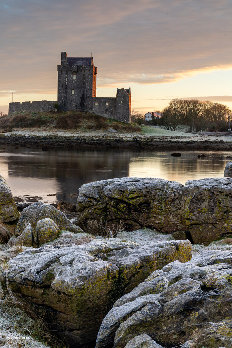 Dunguaire Castle Kinvara Clare Ireland - castle,dunguaire,frost,january,kinvara,landmark,pink,sunrise,twilight,winter