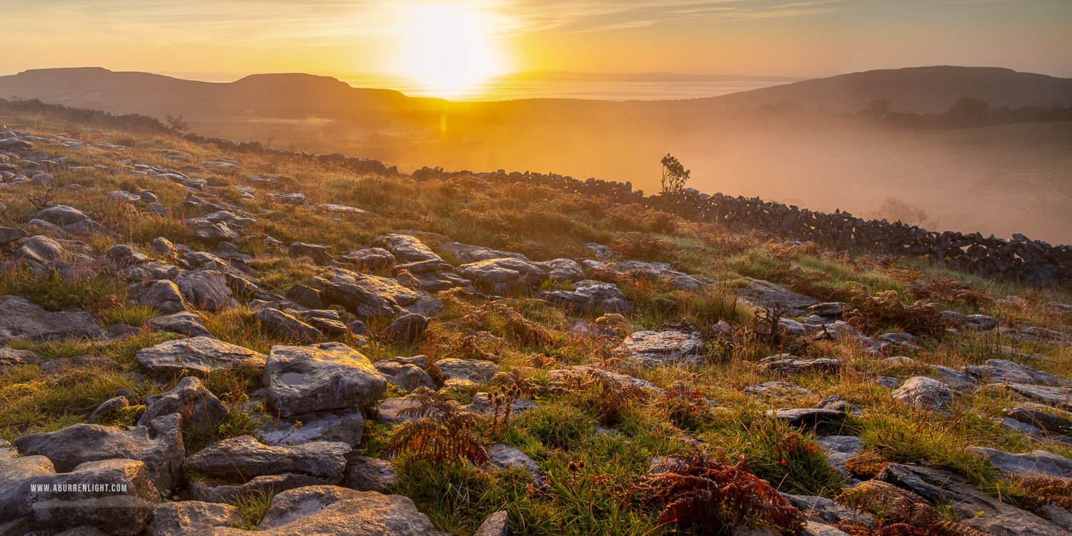 Fahee North Carron Burren East Clare Ireland - autumn,fahee,mist,october,panorama,sunrise,hills,golden