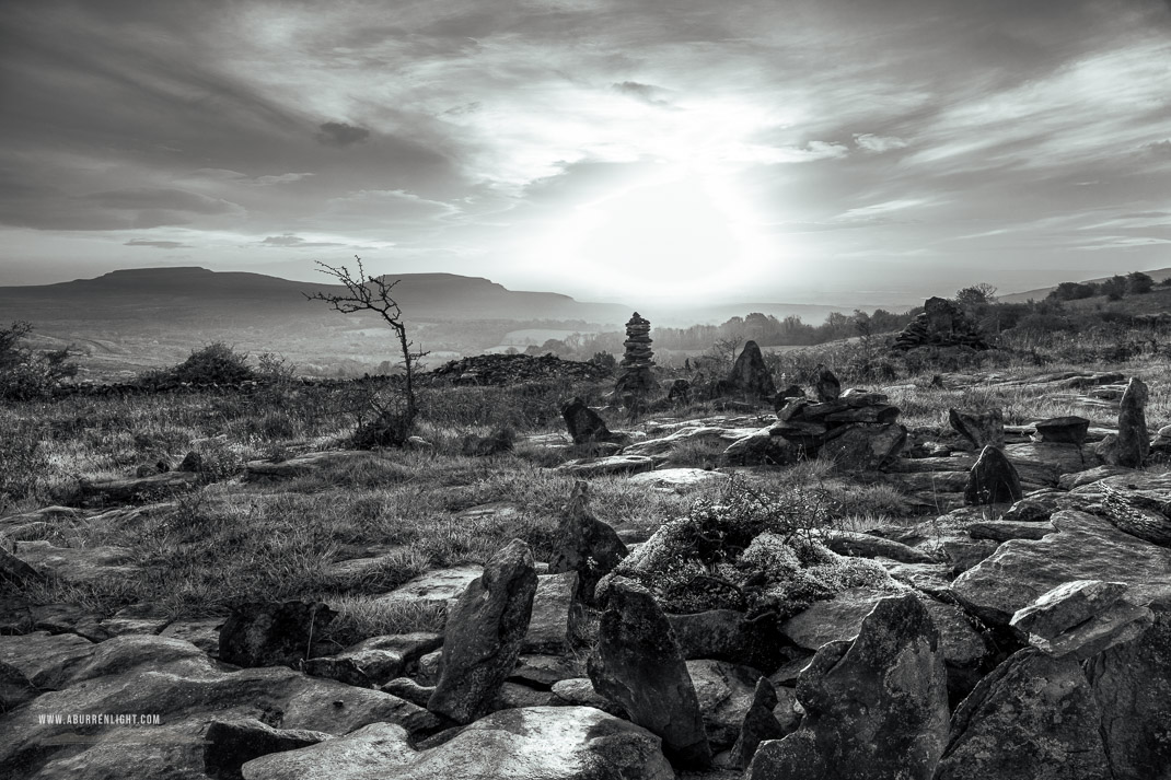 Fahee North Carron Burren East Clare Ireland - autumn,fahee,golden,hills,lone tree,mist,monochrome,october,prayer,stone,sunrise