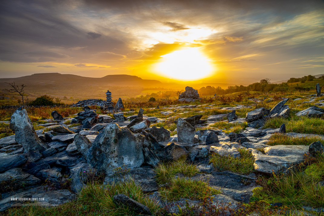 Fahee North Carron Burren East Clare Ireland - autumn,fahee,golden,hills,lone tree,mist,october,prayer,stone,sunrise