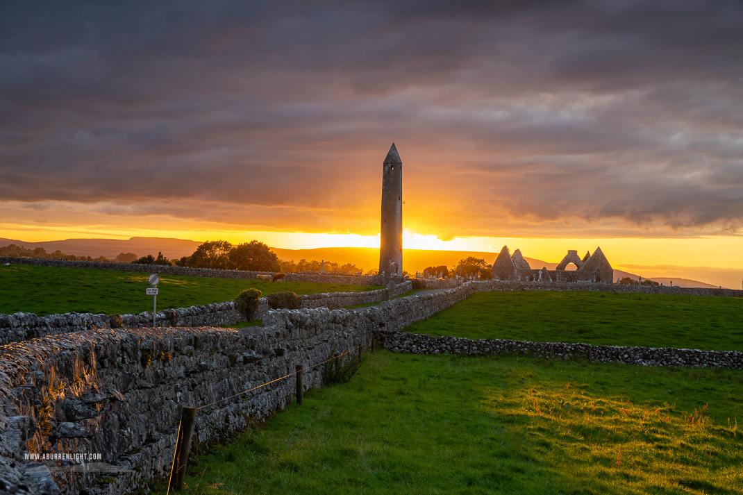 Kilmacduagh Monastery Burren Clare Ireland - church,july,kilmacduagh,lowlands,summer,sunset,tower,walls