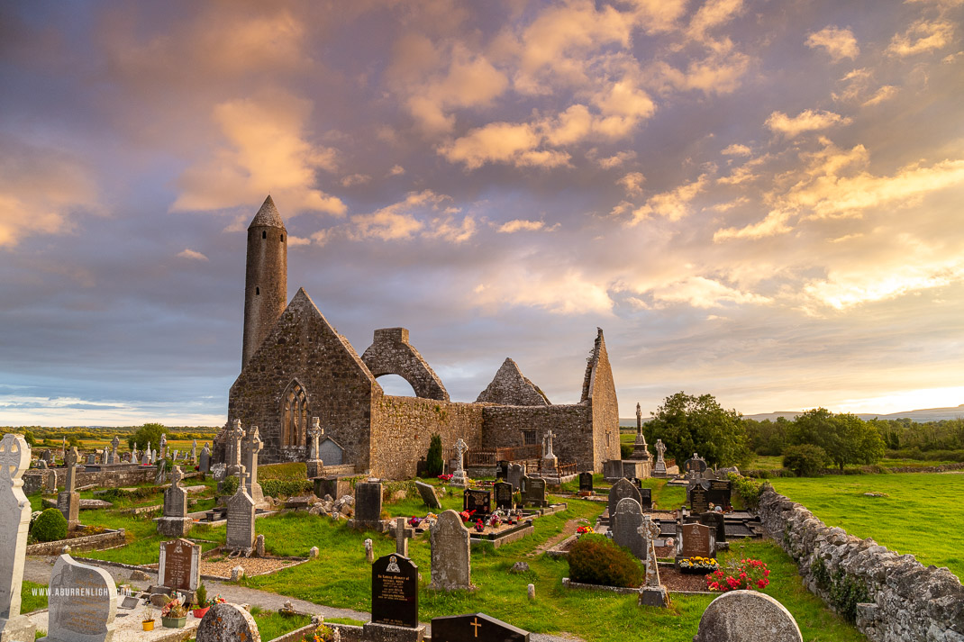 Kilmacduagh Monastery Burren Clare Ireland - church,golden,july,kilmacduagh,landmark,lowlands,summer,sunset