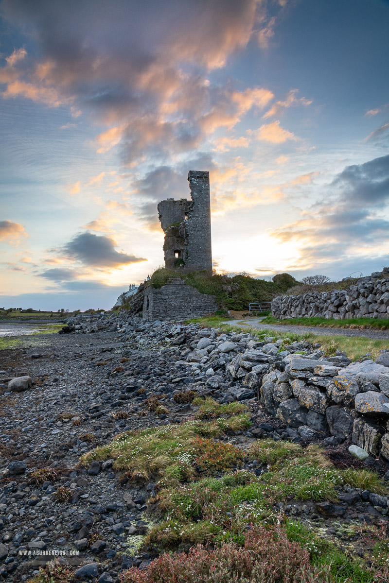 Muckinish Tower Ballyvaughan Wild Atlantic Way Clare Ireland - april,landmark,muckinish,spring,sunrise,tower,coast,blue,golden