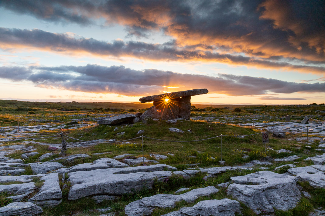 Poulnabrone Dolmen Roughan Hill Burren Clare Ireland - golden,july,landmark,poulnabrone,summer,sunset,sunstar,tomb,hills