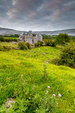 church,corcomroe,flowers,landmark,september,summer,green,hills