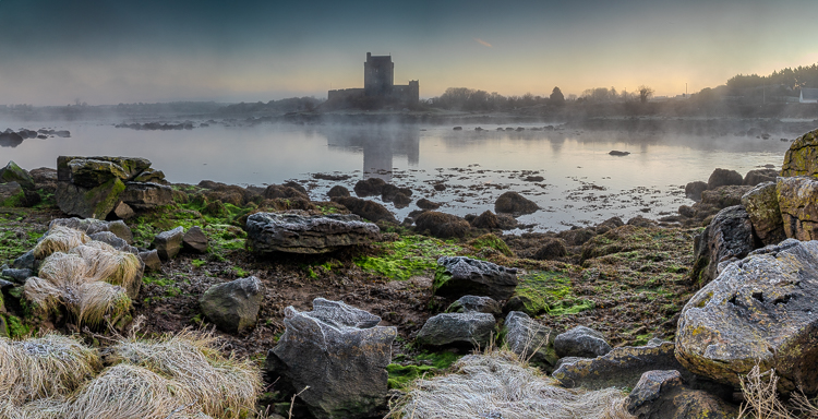 castle,dunguaire,frost,green algae,january,kinvara,mist,panorama,reflections,sunrise,winter,coast