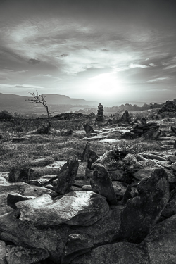 autumn,fahee,golden,hills,lone tree,mist,monochrome,october,prayer,stone,sunrise