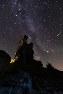 astro,august,ballyvaughan,castle,coast,landmark,long exposure,milky way,muckinish,night,shooting star,summer,tower