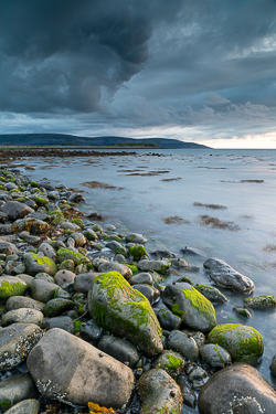 flaggy shore,green algae,july,long exposure,summer,sunset,coast,blue,drama,pebbles